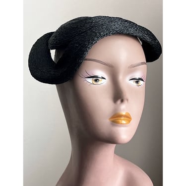 Ina vintage black straw crescent hat, 1940s 50s black hat, womens hats, 1950s half hat,  millinery erstwhile style, vintage fashion, retro 