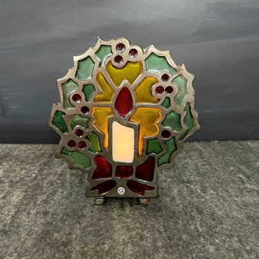 Cast iron stained glass Christmas tea light holder - 1970s vintage 