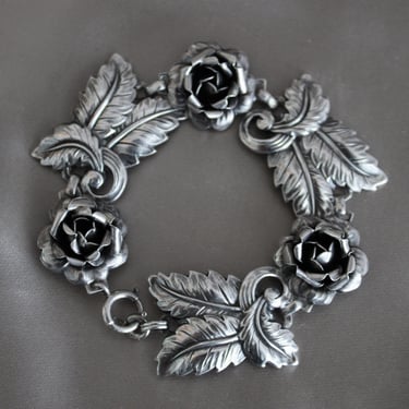 Vintage Sterling Silver Bracelet with Roses and Leaves with Matching Earrings 