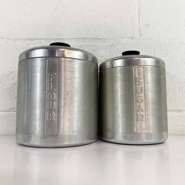Vintage Brushed Aluminum Canisters Flour Sugar Canister Metal Lid Plastic Handle Jar Kitchen Art Deco Set of 2 Pair 1950s 