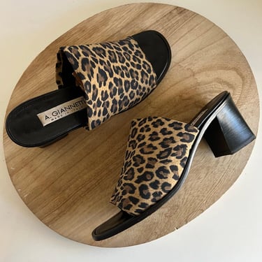 A. Giannetti Made in Italy Leather Animal Print Square Open Toe Chunky Heel - 7 