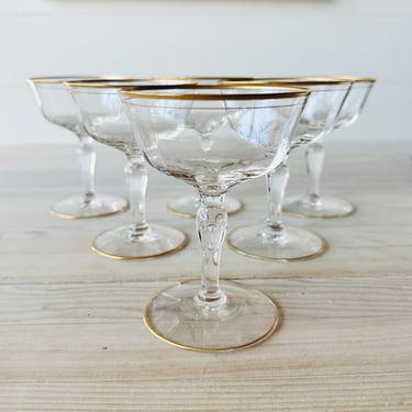 Vintage Gold Banded Optic Paneled Art Deco Style Champagne / Cocktail Coupes - Set of 6 