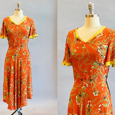 1940's Day Dress / 1940s Rayon Print / 1940's Novelty Print Dress / Cold Rayon / Size Small 