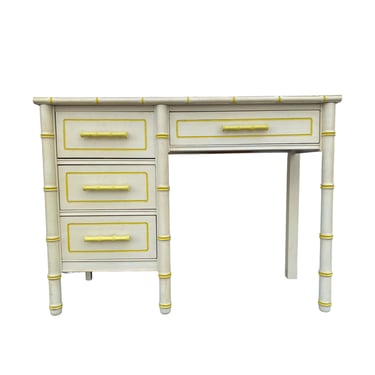 Vintage Faux Bamboo Desk - Creamy White & Yellow Henry Link Style Hollywood Regency Coastal Furniture 