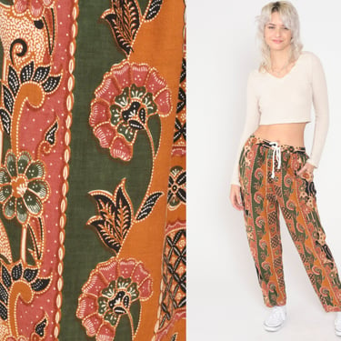 Baggy Floral Pants 90s Batik Tapered Relaxed Pants Burnt Orange Green Striped High Waist Pants Flower Trousers Vintage Small Medium 