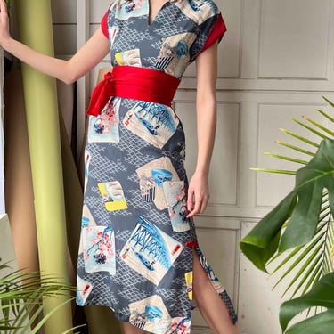 50s Hawaiian Novelty Print Dress | S