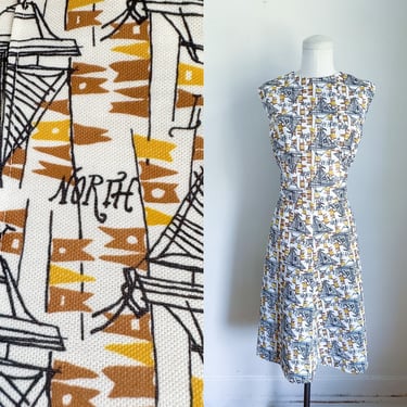 Vintage 1970s Sailboat Novelty Print Shift Dress / L 