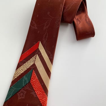 1940's Deco Tie - CHEVRON Patterned - All Silk - Rusty Brown, Red, Emerald& Cream 