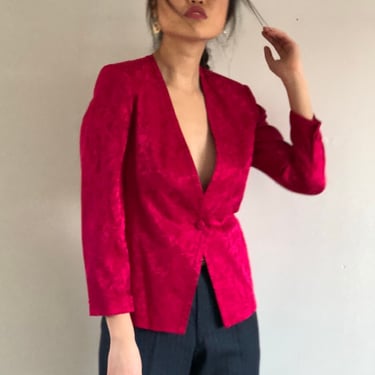 90s silk jacquard plunging blouse / vintage cerise cherry red silk jacquard single button V neck blouse | Small 