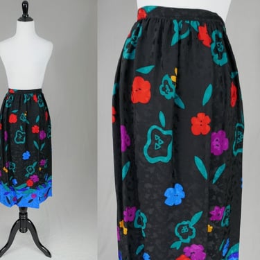 80s Colorful Silk Skirt - Black w/ Flowers and Leaves - Umi Collections Anne Crimmins - Vintage 1980s - 31