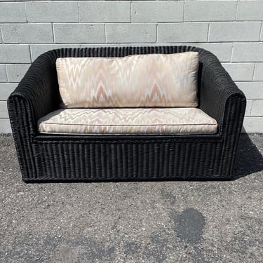 Black Wicker Loveseat Woven Bench Boho Chic Sofa Couch Seating Coastal Cottage Vintage Seating Miami Glam Chair Boho Chic Beach Bohemian 