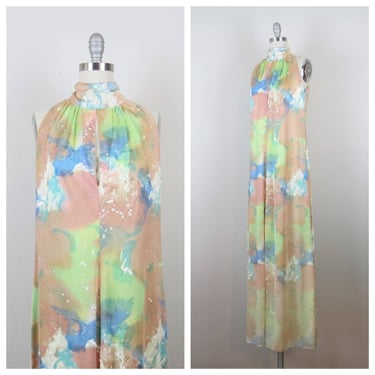 Vintage 1970s maxi dress, abstract print, sequined, mock neck,  keyhole, hostess, cocktail, evening 