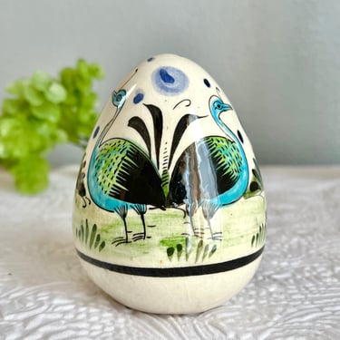 Mexican Pottery Egg, Tonala, Hand Painted, Bird Design, Botanical, Vintage 60s 70s 
