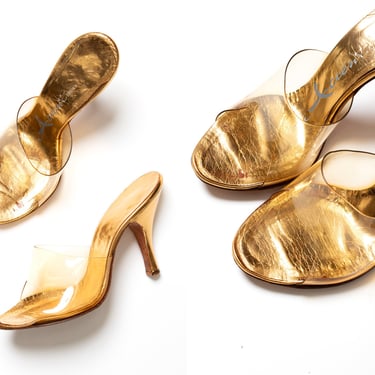 Vintage 1950s 1960s Shoes | 50s 60s Clear Vinyl Metallic Gold Pin Up Stiletto Heels Open Toe Mules Slides (US 6) 