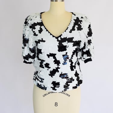 Vintage 1990s Black and White Paillettes Sequin Top | S/M 