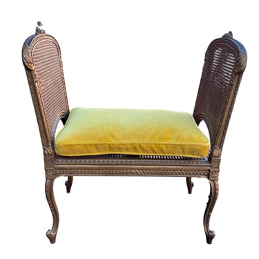 Beautiful vintage French inspired cane bench with new velvet cushion 