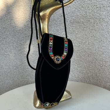 Vintage evening shoulder mini bag pouch black velvet colorful sequins beads by Magie Norie for Lancôme 