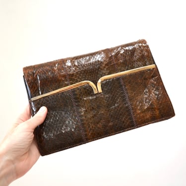 70s Vintage Brown Leather Clutch Snakeskin Python// Brown Patent Leather Snake Skin Bag Purse 1970's handbag party leather Gold Medium Bag 
