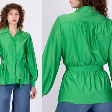 70s Green Tie Waist Blouse - Medium to Large | Vintage Shiny Button Up Long Sleeve Top 