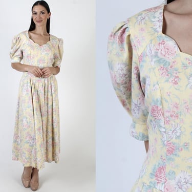 Laura Ashley Garden Floral Edwardian Dress, 80s Designer Summer Party Outfit, Yellow Rose Romantic Gown Size UK 14 US 10 