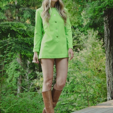 Neon Key Lime 1960's Micro Mini Dress, Button front Ribbed knit Go Go 60s MOD Dress 
