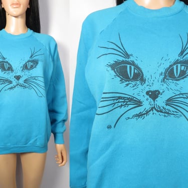 Vintage 80s/90s Cat Face Crewneck Sweatshirt Made In USA Size M/L 