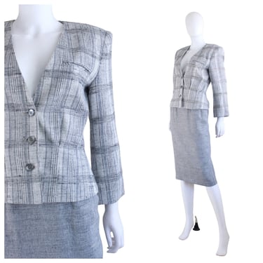 1980s Adolfo Gray Plaid Suit - 80s Gray Suit - Vintage Womens Gray Suit - Vintage Gray Plaid Suit - Vintage Adolfo Atelier Suit | Size Small 