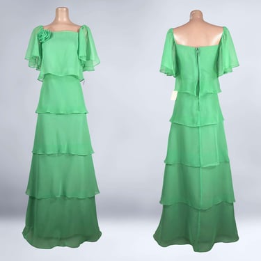 VINTAGE 70s Green Sheer Chiffon Tiered Maxi Dress NOS Size 13/14 | 1970s extra Long Flutter Sleeve Hostess Dress | VFG 