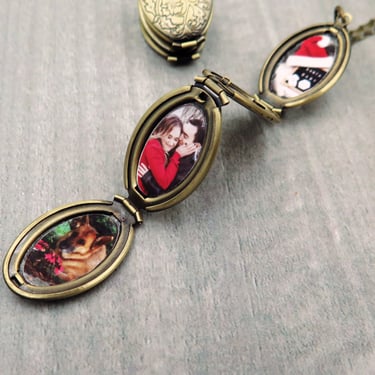 Four Photo Locket, 4 Photo Necklace with Pictures, Unique Gift for Mom, Family Album Jewelry, Bronze Locket with Flowers, Traditional Gift 