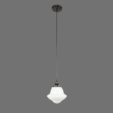 1920s Schoolhouse White Milk Glass Black Wire Pendant Light