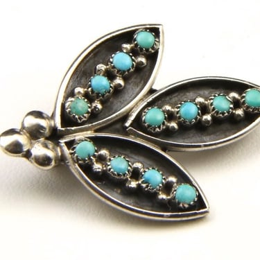 Vintage Zuni Floral Motif Sterling Silver & Turquoise Shadow Box Pin Brooch 