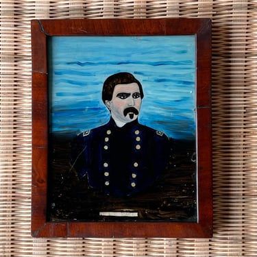 19th C. Folk Art Reverse Painting on Glass of a Soldier