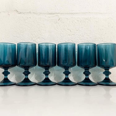 Vintage Blue Goblets Water Glasses Stemmed Set of 6 Glass Aqua 1960s 