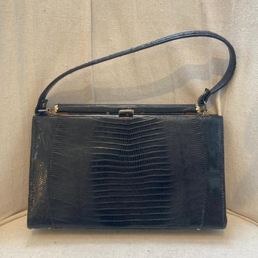 Vintage 50s 60s Frame Purse Handbag / Black LIZARD / Gold Clasp Detail / Chic 