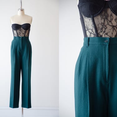 high waisted pants | 80s 90s vintage forest green wool dark academia style straight leg pleated trousers 