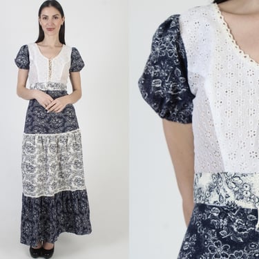 Cottagecore White Eyelet Dress, Country Western Style, Romantic Toile Print, Long Prairie Maxi 