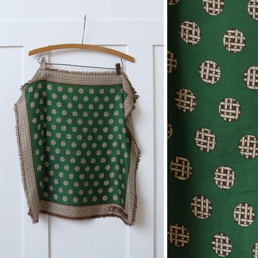 vintage 1980s 90s silk scarf • square fringed dark forest green & brown rattan print bandana by Anne Klein 