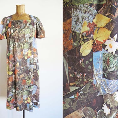 Vintage 70s Photo Print Dress M - 1970s Photoprint Nature Flower Leaves Empire Waist Sundress - Quirky Unique Square Neck Dress 