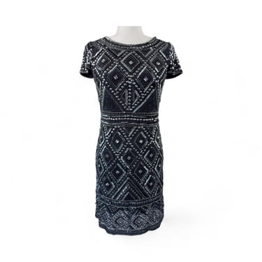 Early 2000s Adrianna Papell Beaded Gun Metal Gray Dress 