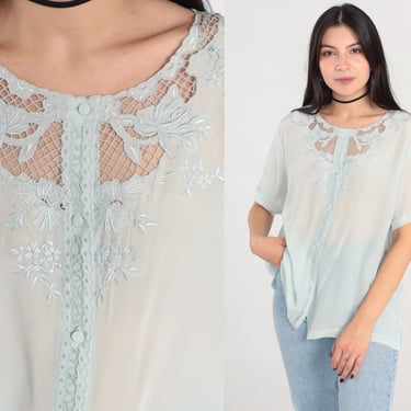 Embroidered Cutout Blouse Baby Blue Silk Cutwork Blouse Open Weave Cut Out Top 80s Button Up Short Sleeve 1980s Boho Hippie Bohemian Large L 
