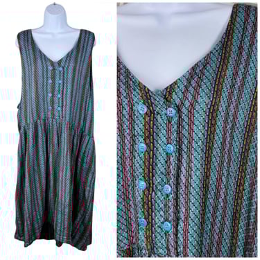 Vintage Overall Dress Plus 2X 3X Long Rainbow Knit Pockets Alt Turquoise Blue 