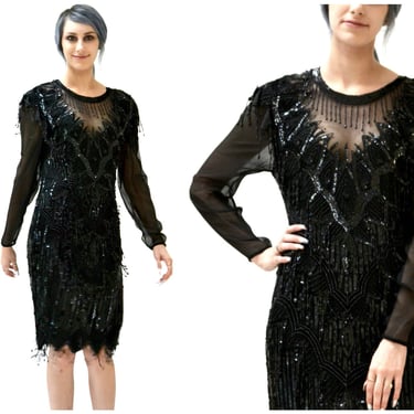 90s Vintage Black Sequin Beaded Dress Size Small Medium// Vintage Black Flapper Inspired Dress Beaded Fringe Dress Size Small Medium 