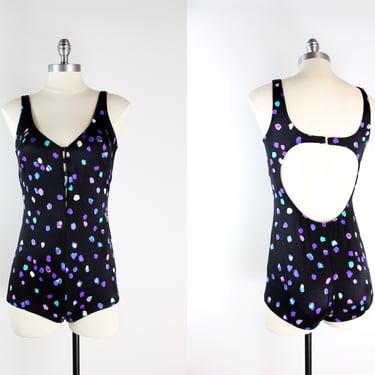 70s Black, Purple, Blue One Piece Swimsuit / Built in Bra Swim / Vintage Black Swimsuit /Bombshell Swimsuit/ / Size S/M 