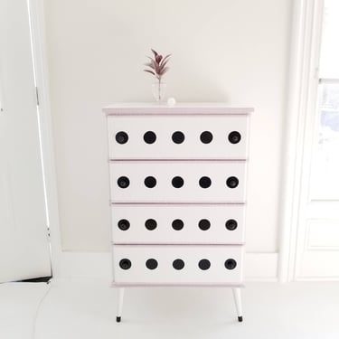 Sold##Mid century dresser, chest of drawers,  gloss black dots, blush, #mila, #davidkoma,  hollywood regency, painted furniture NJ NYC ,DC 