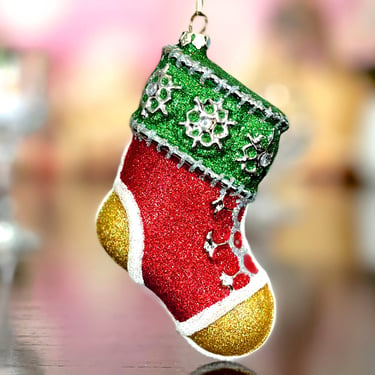 VINTAGE: Glittered Glass Christmas Stocking Ornament - Tree Ornament - Mercury Ornament - Holiday - Xmas 