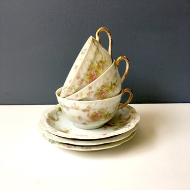 Haviland Limoges The Princess teacups and saucers - set of 3 - vintage floral china 