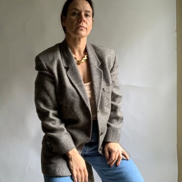 Vintage Minimalist Ellen Tracy Woven Grey Wool Tweed Oversized Blazer, Size 4 