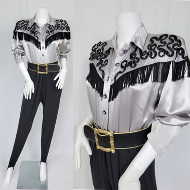 1980's Silver Satin Black Spandex Western Fringe One Piece Jumpsuit I Pantsuit I Sz Med I ....to be seen two 