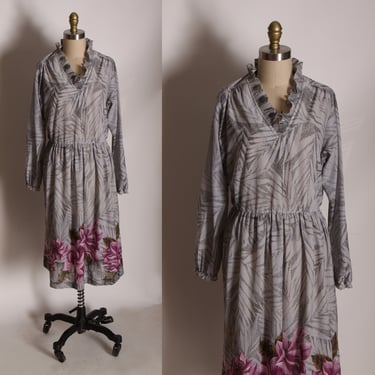 1970s Semi Sheer Gray and Purple Floral Border Print Ruffle Collar Dress -L 