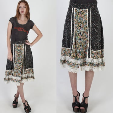 Black Calico Floral Skirt / High Waist Country Skirt / Bohemian Peasant Farm Midi / Womens Vintage 70s Tiny Flower Tiered Mini Skirt 
